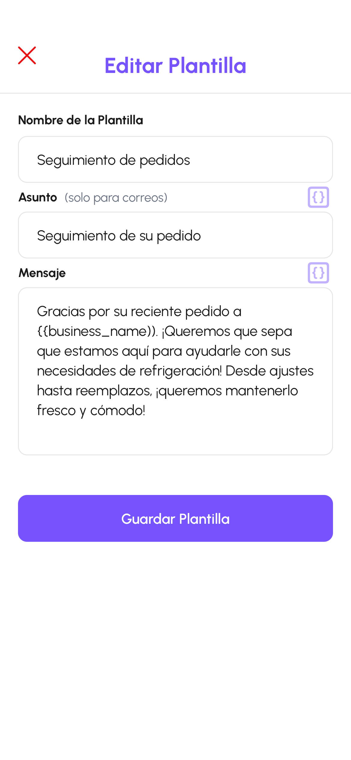Vista de edición de plantillas